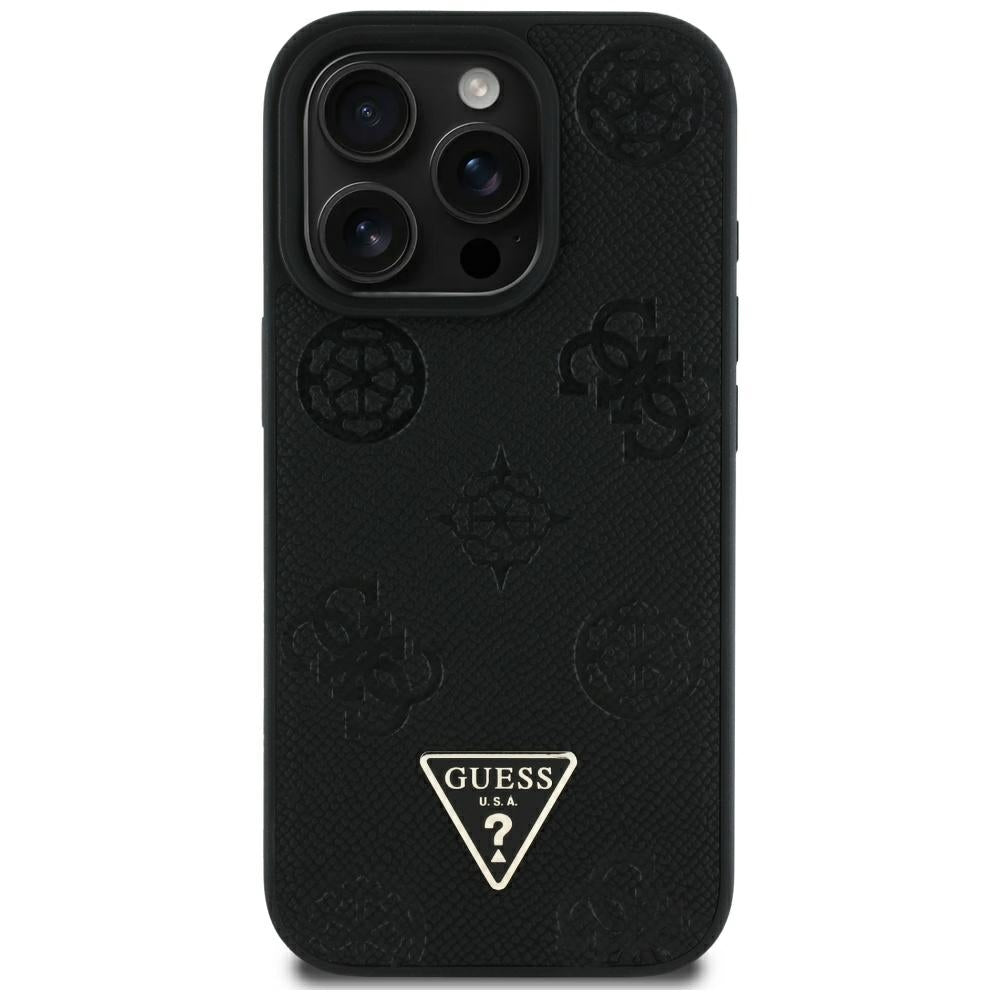 Husa MagSafe pentru Apple iPhone 16 Pro Max, Guess, Peony Grained Hot Stamp Triangle, Neagra