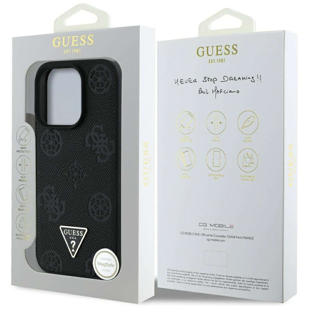 Husa MagSafe pentru Apple iPhone 16 Pro Max, Guess, Peony Grained Hot Stamp Triangle, Neagra