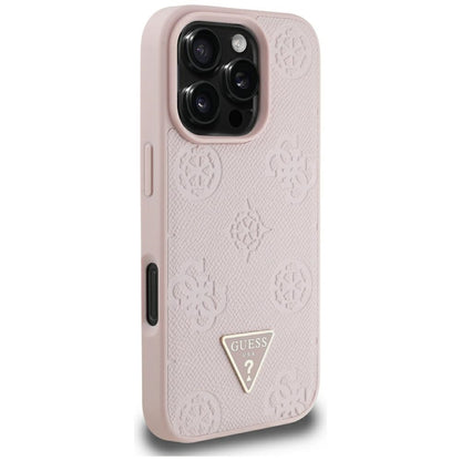Husa MagSafe pentru Apple iPhone 16 Pro Max, Guess, Peony Grained Hot Stamp Triangle, Roz