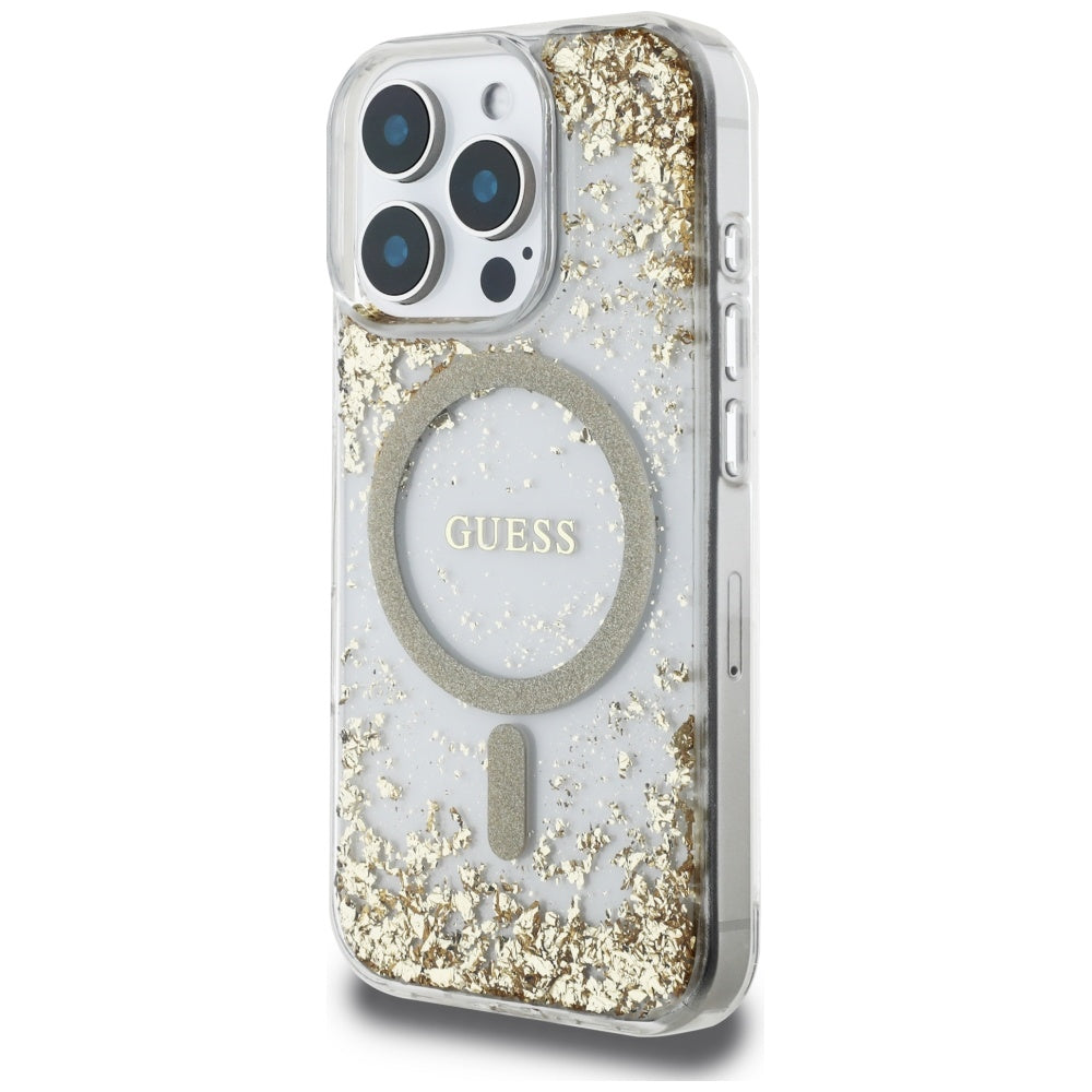 Husa MagSafe pentru Apple iPhone 16 Pro Max, Guess, Resin Bottom Glitter, Aurie