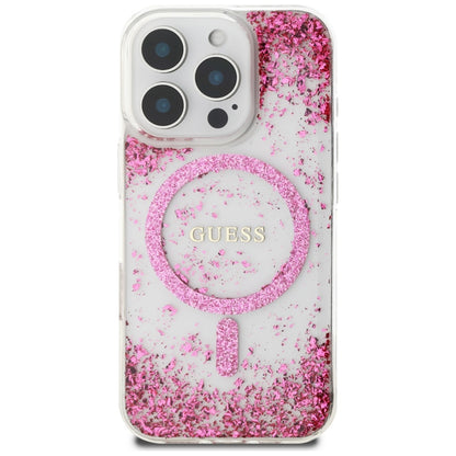 Husa MagSafe pentru Apple iPhone 16 Pro Max, Guess, Resin Bottom Glitter, Roz