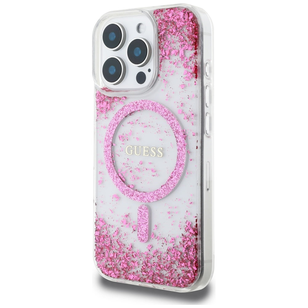 Husa MagSafe pentru Apple iPhone 16 Pro Max, Guess, Resin Bottom Glitter, Roz