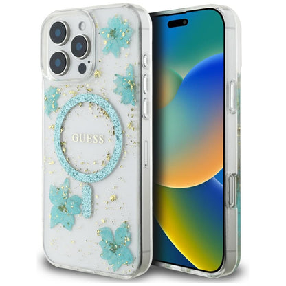 Husa MagSafe pentru Apple iPhone 16 Pro Max, Guess, Resin Flowers and Glitter, Turcoaz
