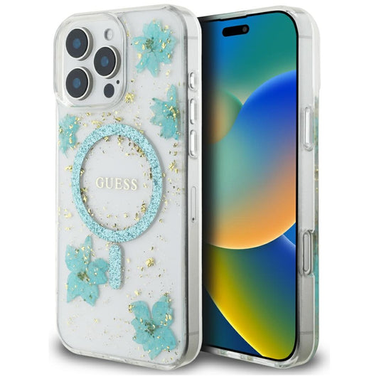 Husa MagSafe pentru Apple iPhone 16 Pro Max, Guess, Resin Flowers and Glitter, Turcoaz