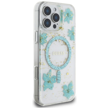 Husa MagSafe pentru Apple iPhone 16 Pro Max, Guess, Resin Flowers and Glitter, Turcoaz