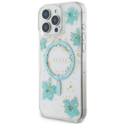 Husa MagSafe pentru Apple iPhone 16 Pro Max, Guess, Resin Flowers and Glitter, Turcoaz