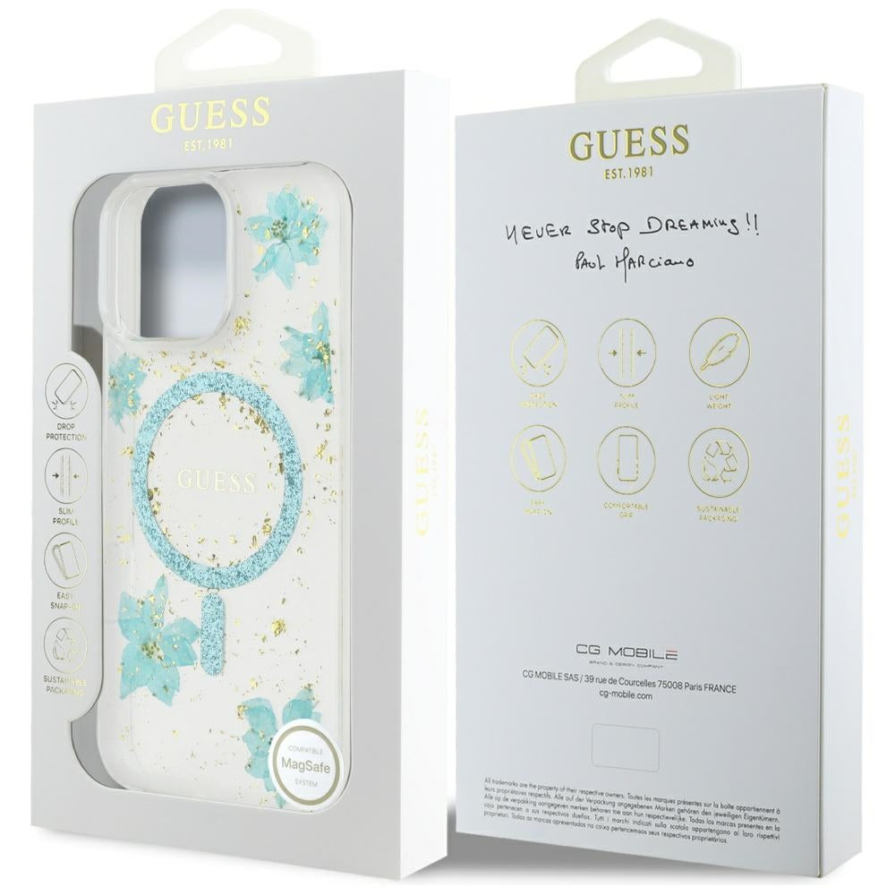 Husa MagSafe pentru Apple iPhone 16 Pro Max, Guess, Resin Flowers and Glitter, Turcoaz