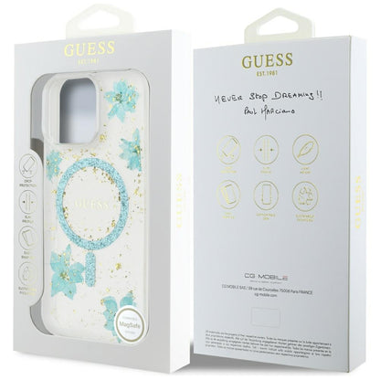 Husa MagSafe pentru Apple iPhone 16 Pro Max, Guess, Resin Flowers and Glitter, Turcoaz