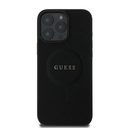 Husa MagSafe pentru Apple iPhone 16 Pro Max, Guess, Saffiano Classic Logo, Neagra