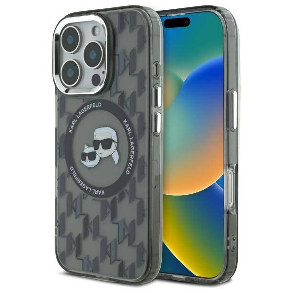Husa MagSafe pentru Apple iPhone 16 Pro Max, Karl Lagerfeld, IML Monogram Karl & Choupette's Heads, Neagra