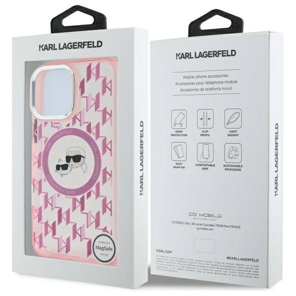 Husa MagSafe pentru Apple iPhone 16 Pro Max, Karl Lagerfeld, IML Monogram Karl & Choupette's Heads, Roz