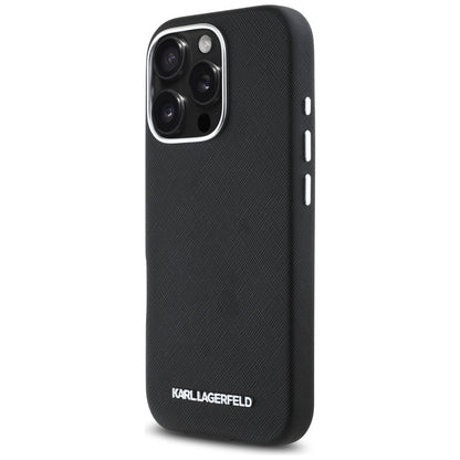 Husa MagSafe pentru Apple iPhone 16 Pro Max, Karl Lagerfeld, Saffiano Full Wrapped Elongated Metal Logo, Neagra