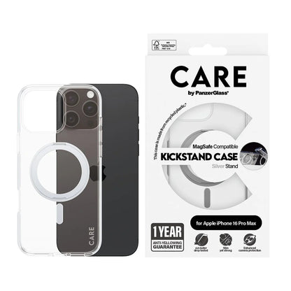 Husa MagSafe pentru Apple iPhone 16 Pro Max, PanzerGlass, Care Feature Kickstand, Transparenta Argintie