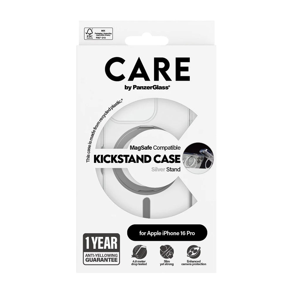 Husa MagSafe pentru Apple iPhone 16 Pro, PanzerGlass, Care Feature Kickstand, Transparenta Argintie
