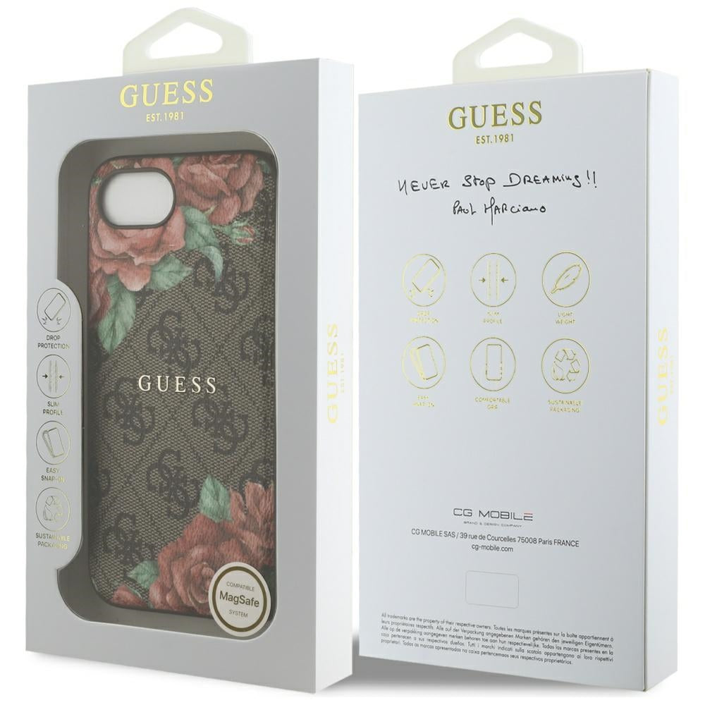 Husa MagSafe pentru Apple iPhone 16e, Guess, 4G Flowers Print, Maro