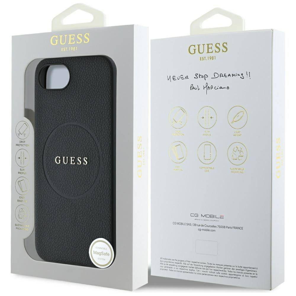 Husa MagSafe pentru Apple iPhone 16e, Guess, Grained Gold Ring, Neagra