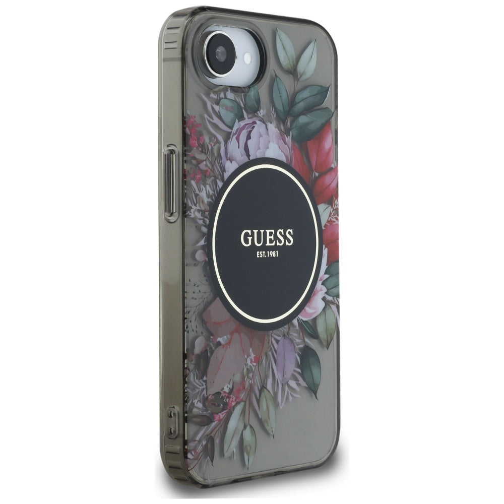 Husa MagSafe pentru Apple iPhone 16e, Guess, IML Flowers, Neagra