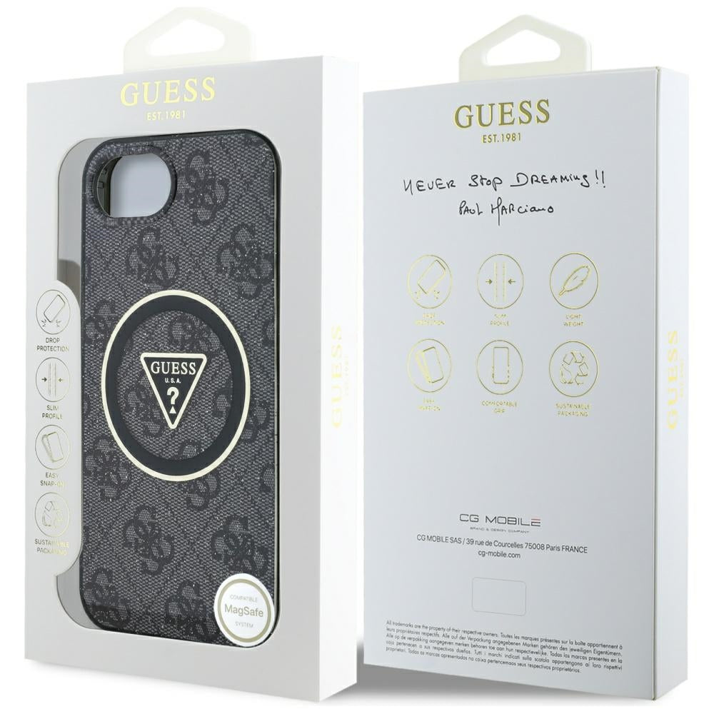 Husa MagSafe pentru Apple iPhone 16e, Guess, IML Glitter 4G Circle Triangle, Neagra