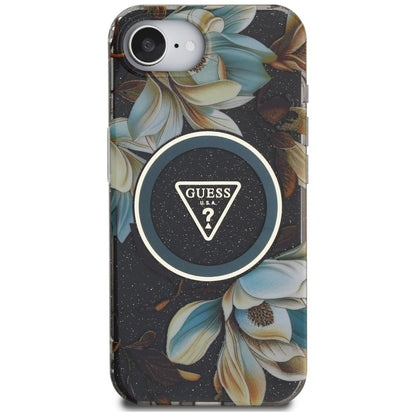 Husa MagSafe pentru Apple iPhone 16e, Guess, IML Metal Glitter Flowers Triangle, Neagra