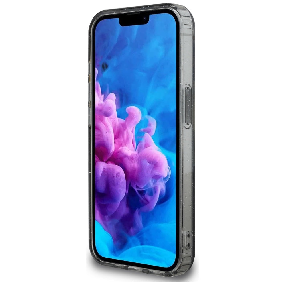 Husa MagSafe pentru Apple iPhone 16e, Guess, IML Metal Glitter Flowers Triangle, Neagra