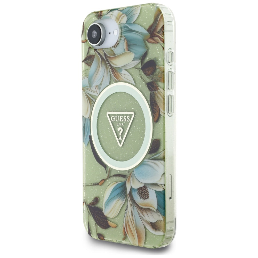 Husa MagSafe pentru Apple iPhone 16e, Guess, IML Metal Glitter Flowers Triangle, Verde