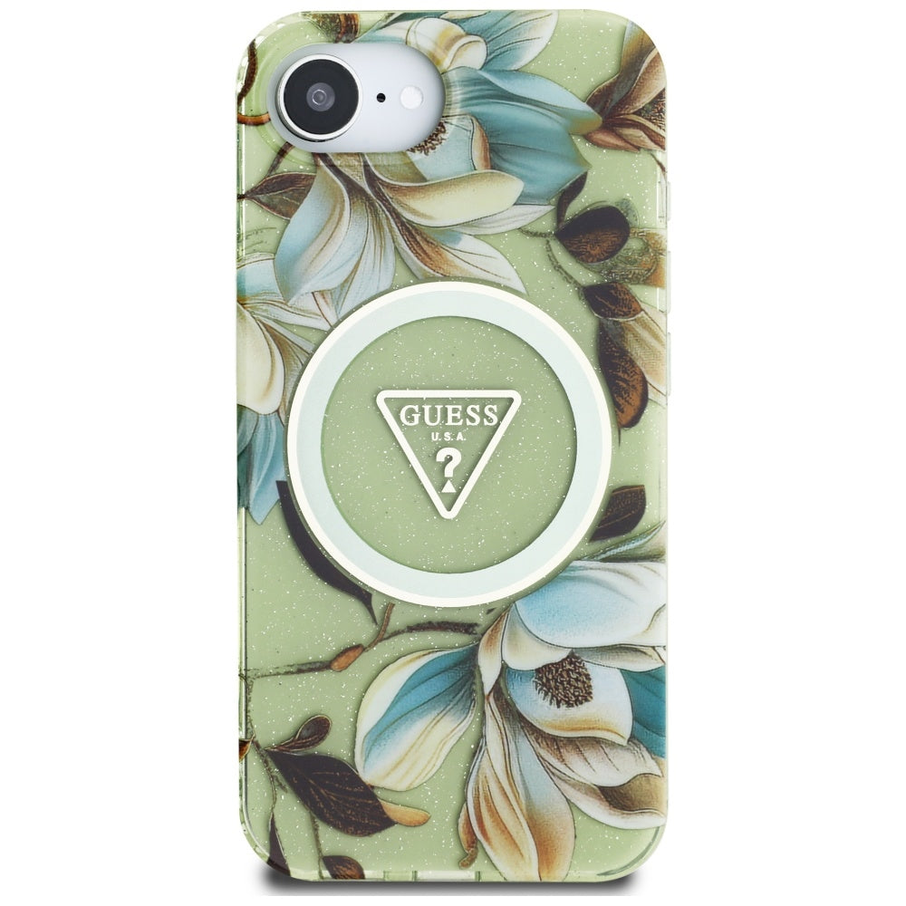 Husa MagSafe pentru Apple iPhone 16e, Guess, IML Metal Glitter Flowers Triangle, Verde