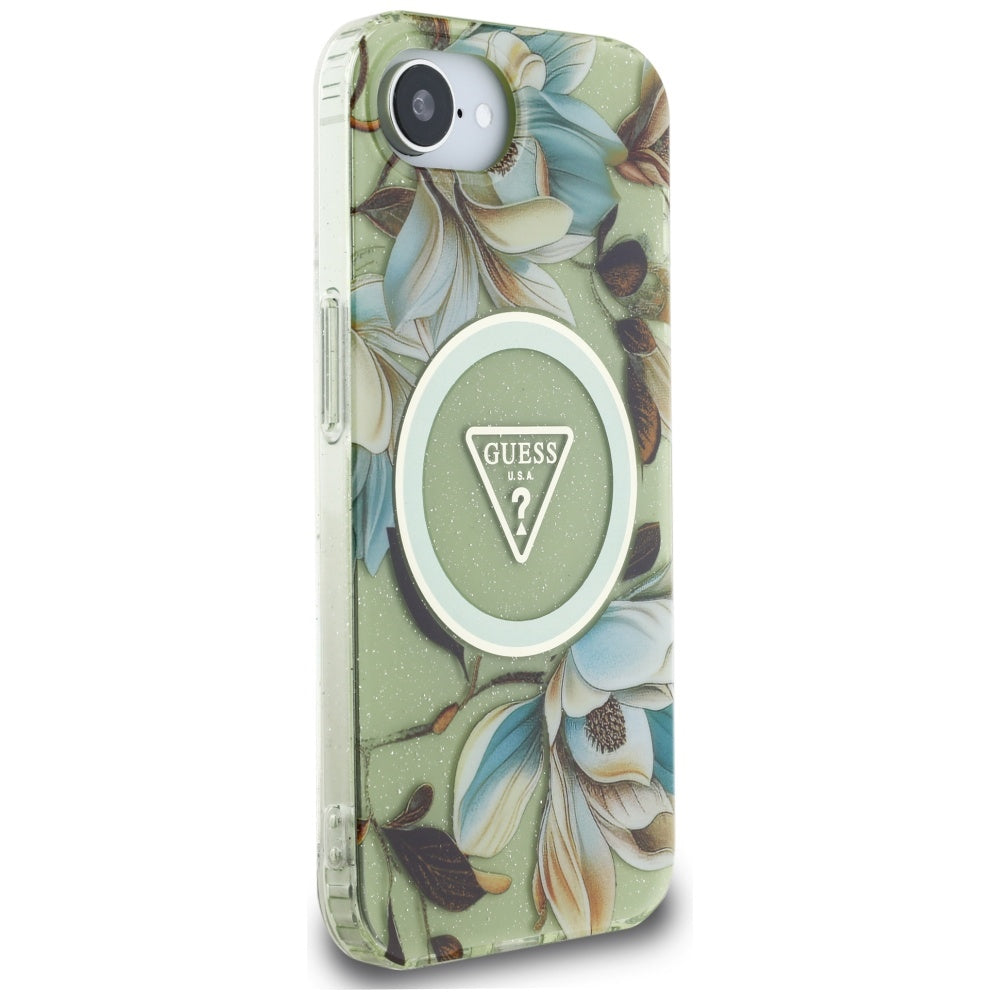 Husa MagSafe pentru Apple iPhone 16e, Guess, IML Metal Glitter Flowers Triangle, Verde