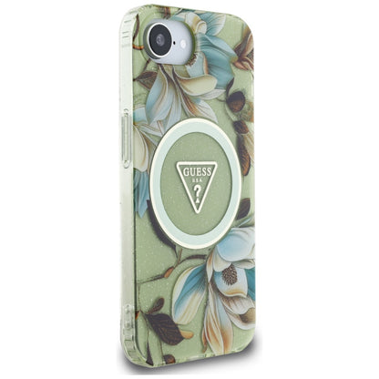 Husa MagSafe pentru Apple iPhone 16e, Guess, IML Metal Glitter Flowers Triangle, Verde