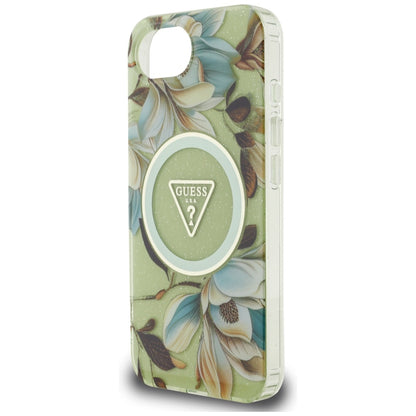 Husa MagSafe pentru Apple iPhone 16e, Guess, IML Metal Glitter Flowers Triangle, Verde