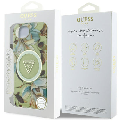 Husa MagSafe pentru Apple iPhone 16e, Guess, IML Metal Glitter Flowers Triangle, Verde