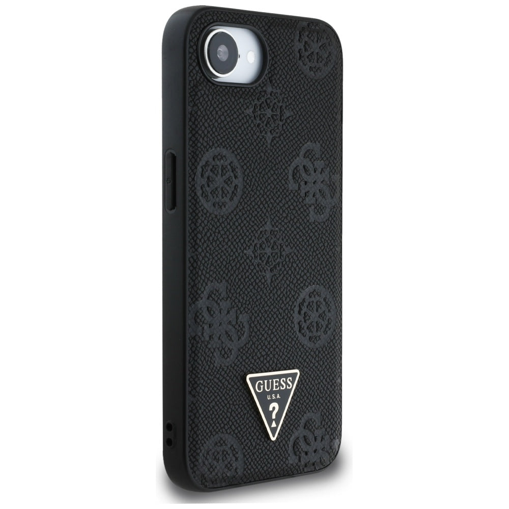 Husa MagSafe pentru Apple iPhone 16e, Guess, Peony Grained Hot Stamp Triangle , Neagra