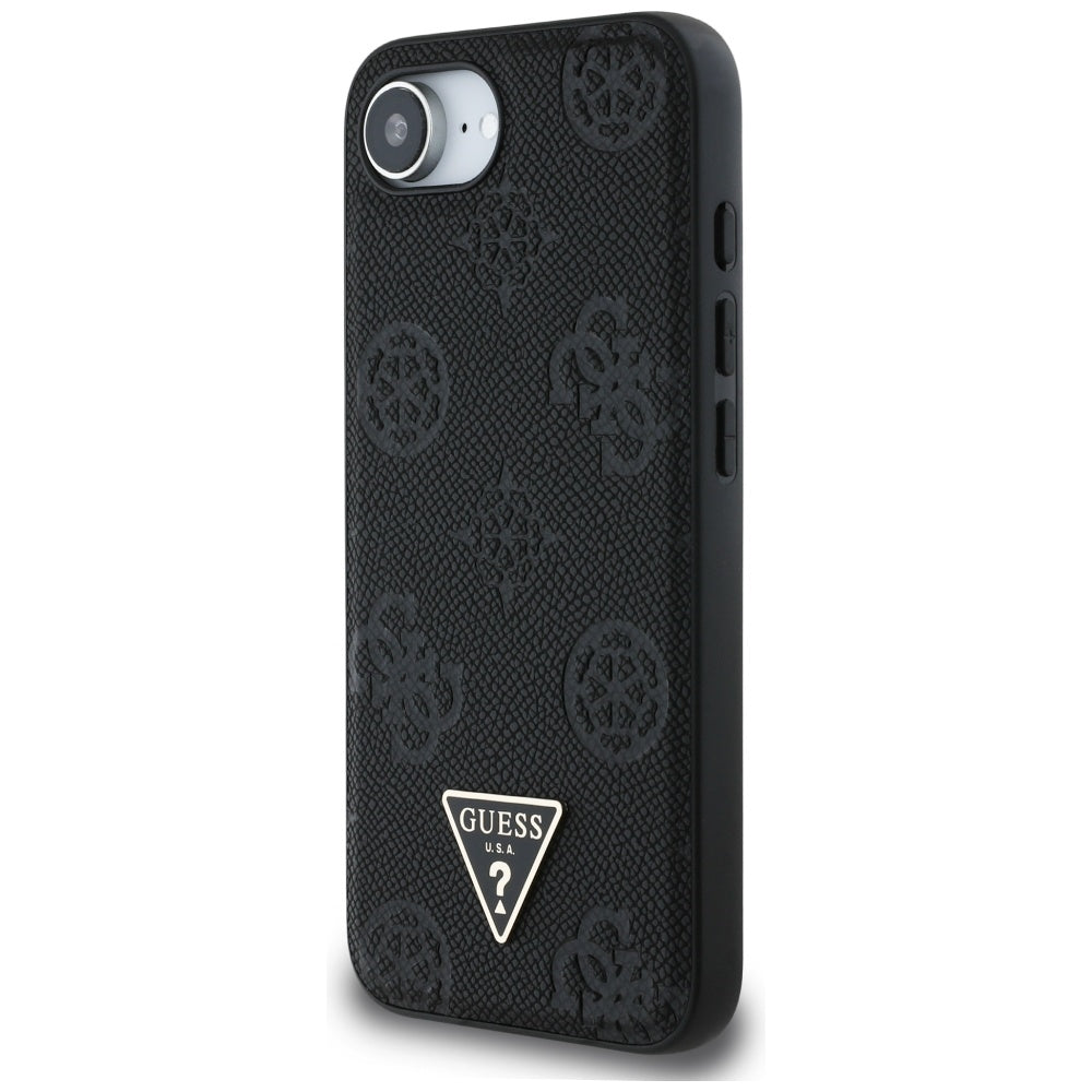 Husa MagSafe pentru Apple iPhone 16e, Guess, Peony Grained Hot Stamp Triangle , Neagra