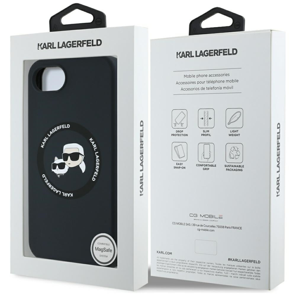 Husa MagSafe pentru Apple iPhone 16e, Karl Lagerfeld, Silicone Karl & Choupette's Heads, Neagra