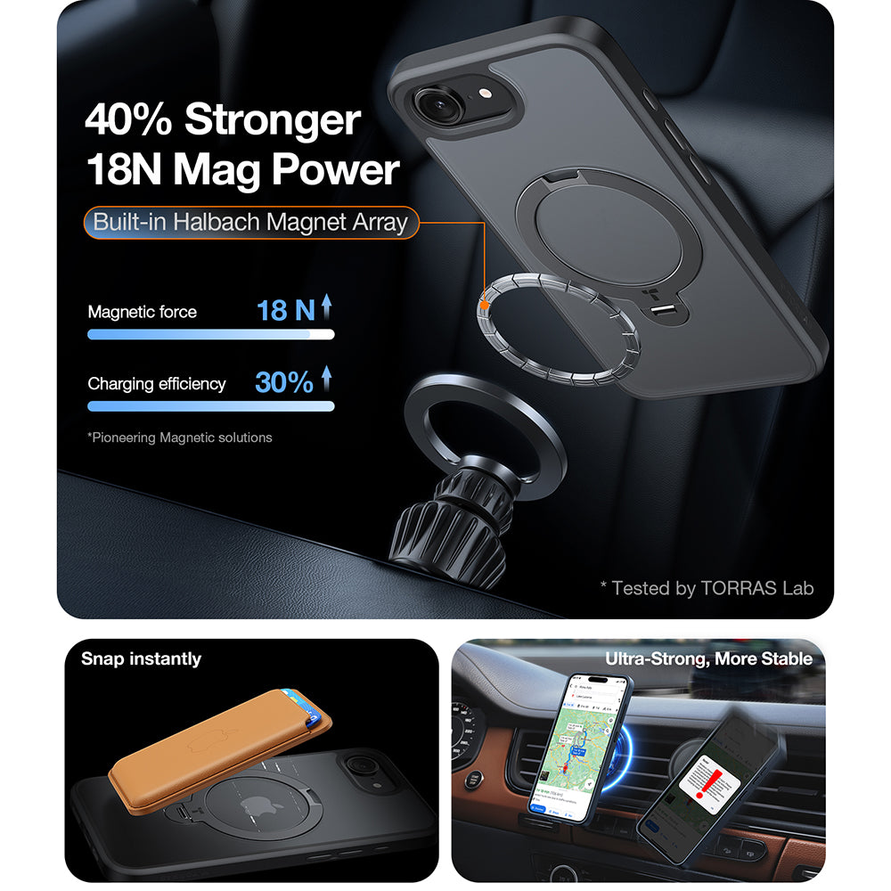 Husa MagSafe pentru Apple iPhone 17e / 16e, Torras, Ostand Spin, Neagra