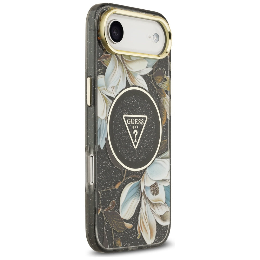 Husa MagSafe pentru Apple iPhone 17 Air, Guess, IML Metal Glitter Flowers Triangle, Neagra