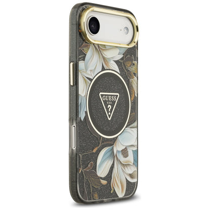 Husa MagSafe pentru Apple iPhone 17 Air, Guess, IML Metal Glitter Flowers Triangle, Neagra