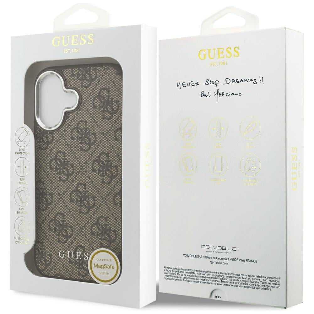 Husa MagSafe pentru Apple iPhone 17, Guess, 4G Classic Logo, Maro