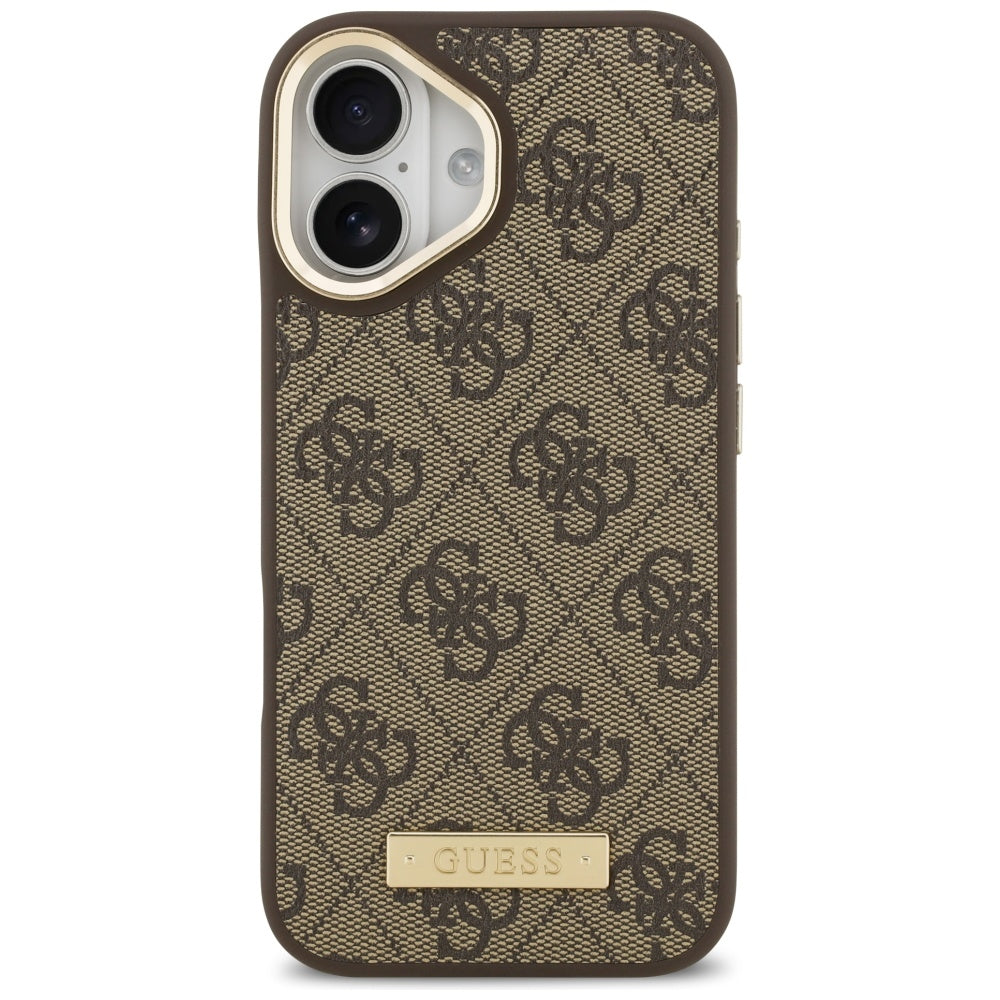 Husa MagSafe pentru Apple iPhone 17, Guess, 4G Logo Plate, Maro