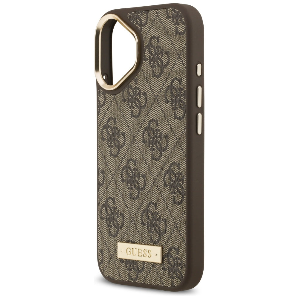 Husa MagSafe pentru Apple iPhone 17, Guess, 4G Logo Plate, Maro