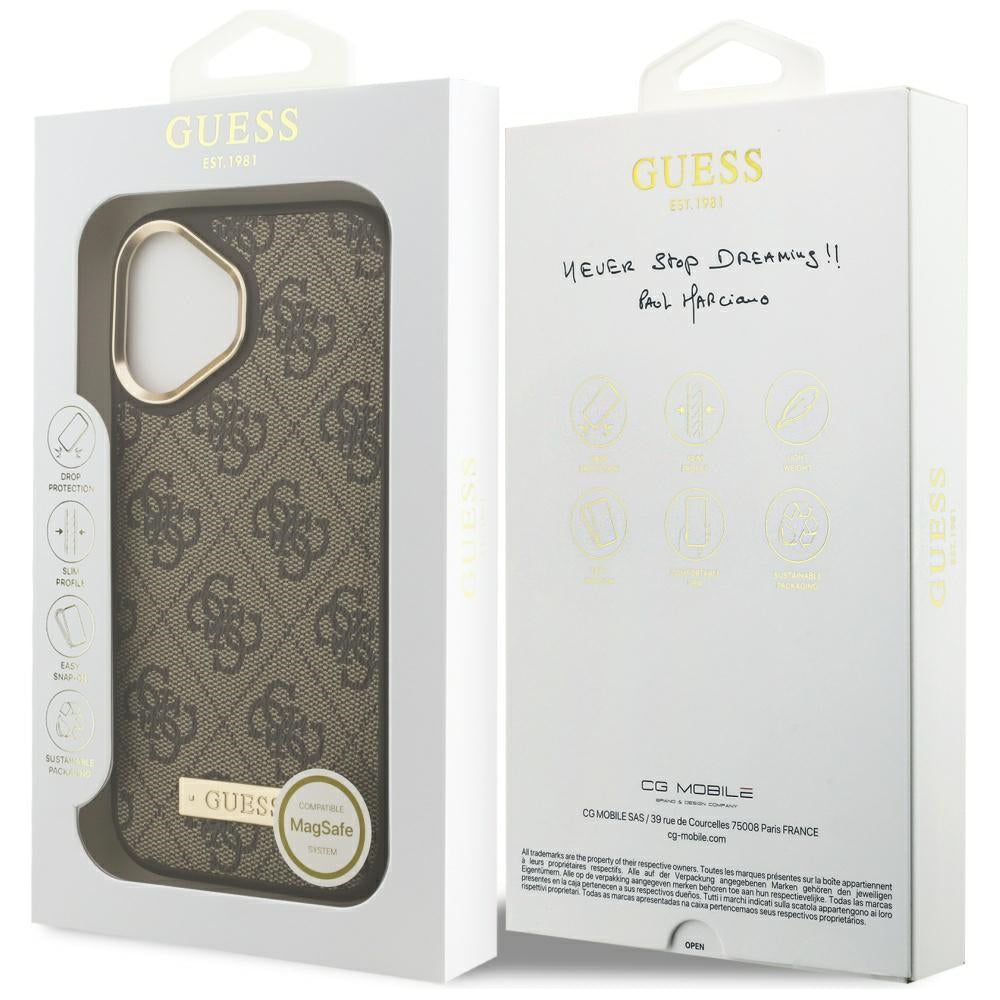 Husa MagSafe pentru Apple iPhone 17, Guess, 4G Logo Plate, Maro