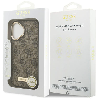 Husa MagSafe pentru Apple iPhone 17, Guess, 4G Logo Plate, Maro