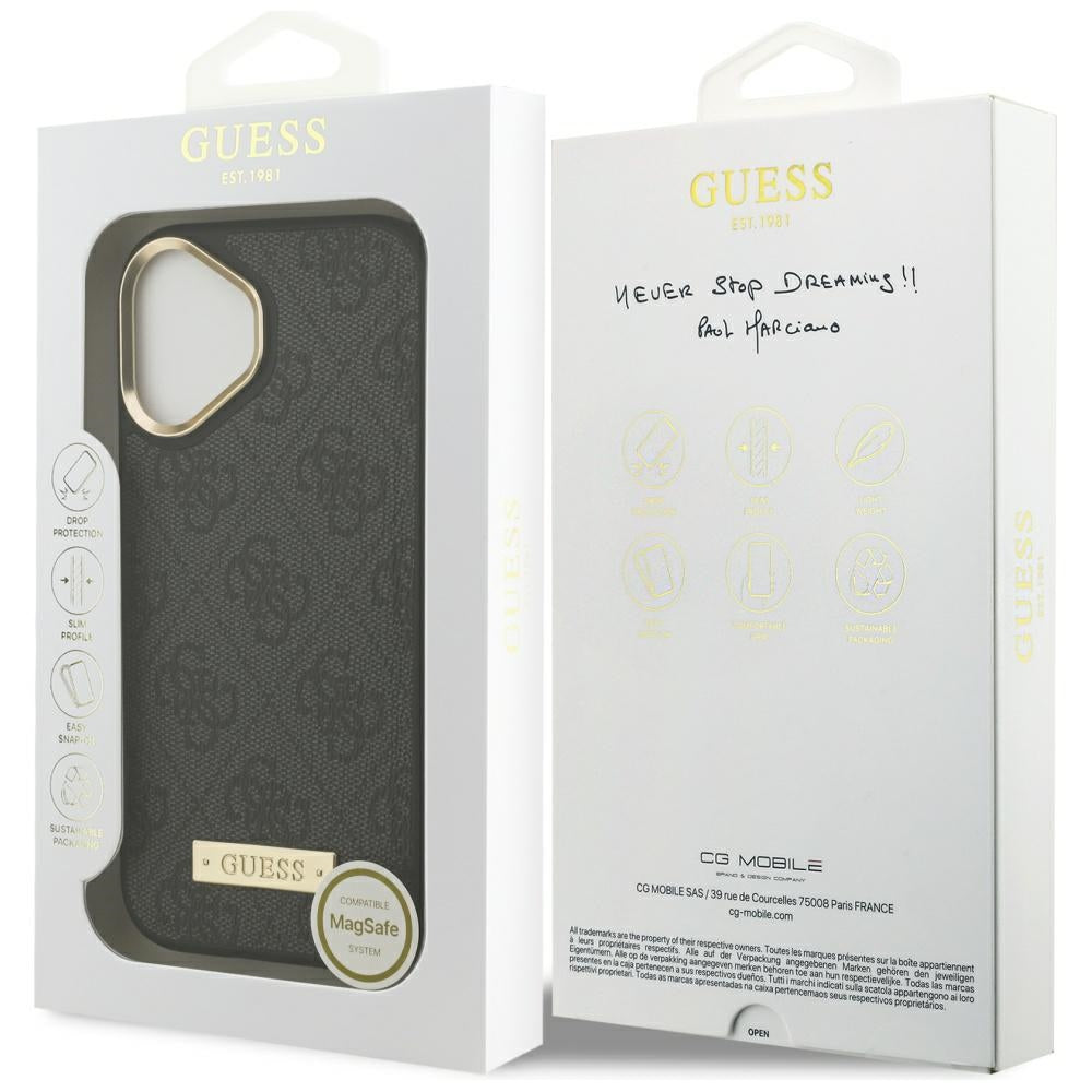 Husa MagSafe pentru Apple iPhone 17, Guess, 4G Logo Plate, Neagra
