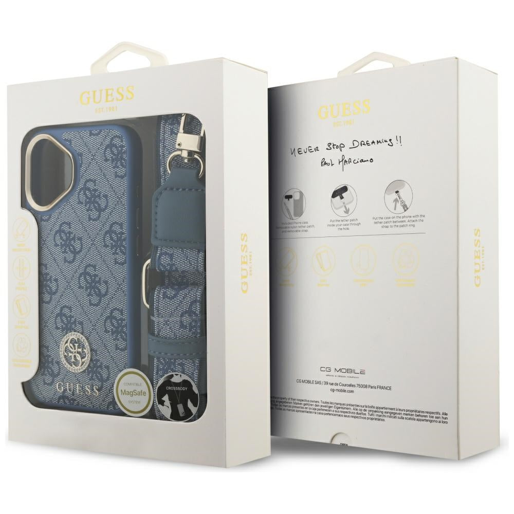 Husa MagSafe pentru Apple iPhone 17, Guess, 4G Strass Logo with Big Strap, Albastra