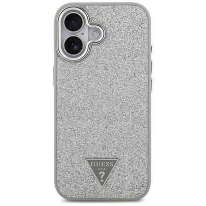 Husa MagSafe pentru Apple iPhone 17, Guess, Glitter Triangle Logo, Argintie