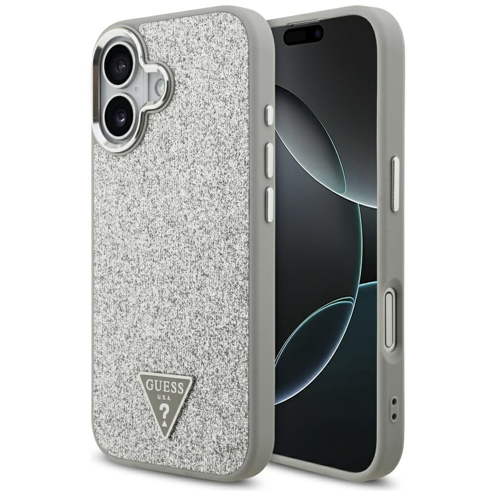 Husa MagSafe pentru Apple iPhone 17, Guess, Glitter Triangle Logo, Argintie