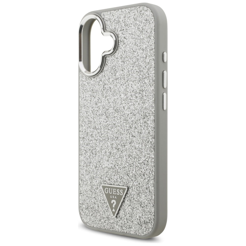 Husa MagSafe pentru Apple iPhone 17, Guess, Glitter Triangle Logo, Argintie