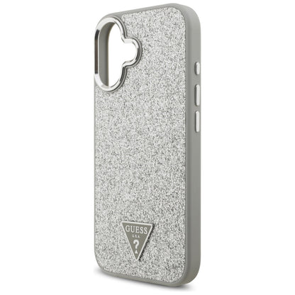 Husa MagSafe pentru Apple iPhone 17, Guess, Glitter Triangle Logo, Argintie