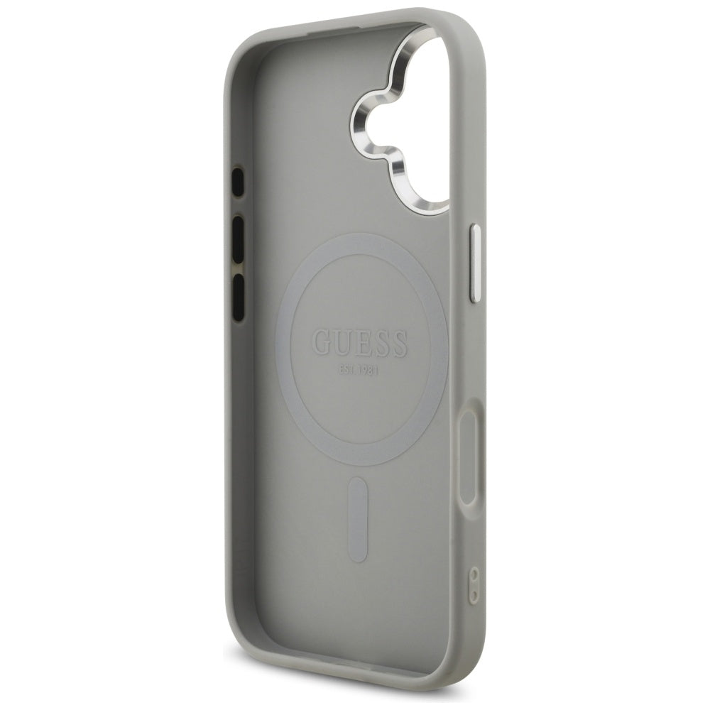 Husa MagSafe pentru Apple iPhone 17, Guess, Glitter Triangle Logo, Argintie