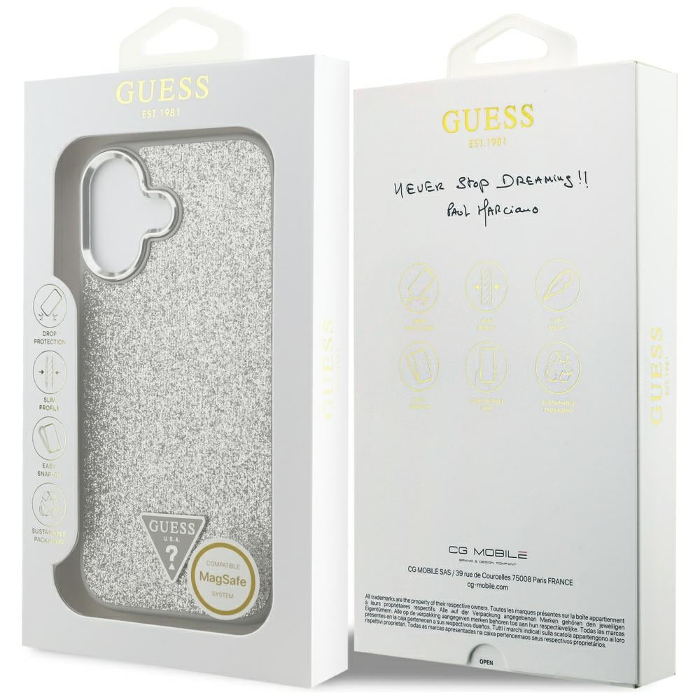 Husa MagSafe pentru Apple iPhone 17, Guess, Glitter Triangle Logo, Argintie