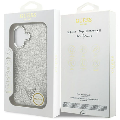 Husa MagSafe pentru Apple iPhone 17, Guess, Glitter Triangle Logo, Argintie
